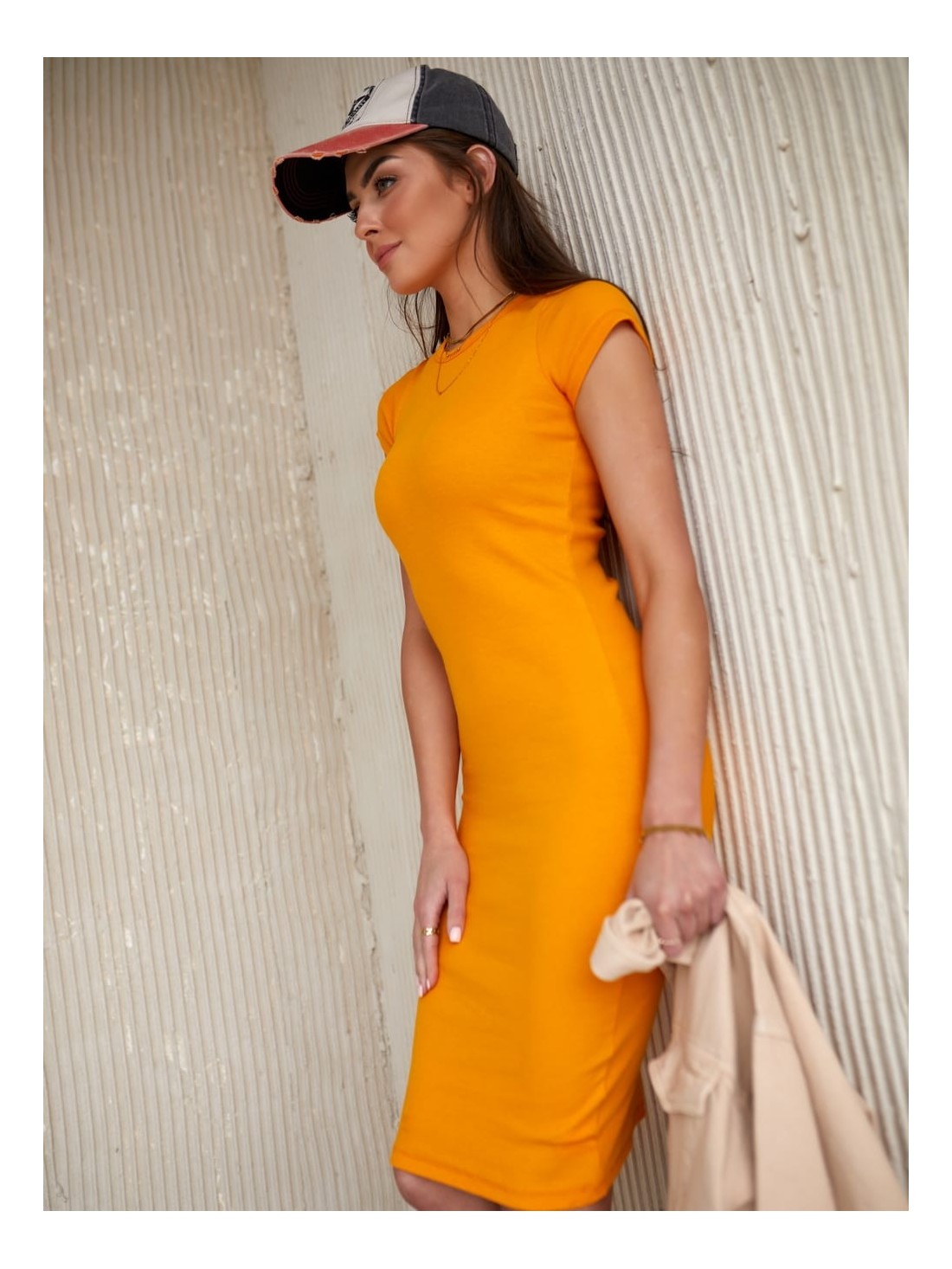 Pencil dress with short sleeves, mustard TS286 - Online store - Boutique